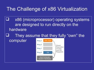 The Challenge of x86 Virtualization
 x86 (microprocessor) operating systems
are designed to run directly on the
hardware
 They assume that they fully “own” the
computer
 