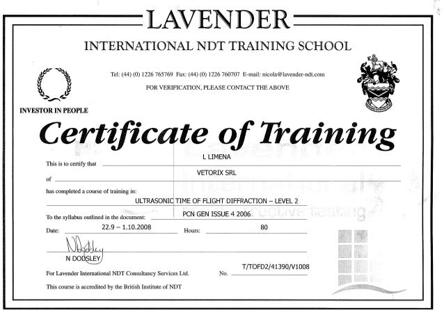 liv ii tofd certificate of training certificate of training