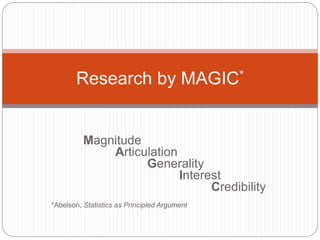 Magnitude
Articulation
Generality
Interest
Credibility
*Abelson, Statistics as Principled Argument
Research by MAGIC*
 