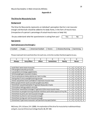 28
Muscle Dysmorphia in Male University Athletes
Appendix A
The Drive for Muscularity Scale
Background
The Drive for Muscularity represents an individual's perception that he is not muscular
enough and that bulk should be added to his body frame, in the form of muscle mass
(irrespective of a person's percentage of actual muscle mass or body fat).
Do you understand what the questionnaire is asking from you?
Age (years):
Sport (please put a line through.):
Football Rugby AmericanFootball Tennis Distance Running Swimming
Please readeachitemcarefullythen,foreachone,circle the numberthatbestappliestoyou.
1 2 3 4 5 6
Always Very Often Often Sometimes Rarely Never
I wishthat I were more muscular. 1 2 3 4 5 6
I liftweightstobuildupmuscle. 1 2 3 4 5 6
I use proteinorenergysupplements. 1 2 3 4 5 6
I drinkweightgainorproteinshakes. 1 2 3 4 5 6
I try to consume as manycaloriesasI can in a day. 1 2 3 4 5 6
I feel guiltyif Imissaweighttrainingsession. 1 2 3 4 5 6
I thinkI wouldfeel more confidentif Ihadmore muscle mass. 1 2 3 4 5 6
Otherpeople thinkIworkoutwithweightstoooften. 1 2 3 4 5 6
I thinkthat I wouldlookbetterif Igained 10 poundsinbulk. 1 2 3 4 5 6
I thinkabouttakinganabolicsteroids. 1 2 3 4 5 6
I thinkthat I wouldfeel strongerif Igainedalittle more muscle mass. 1 2 3 4 5 6
I thinkthat myweighttrainingschedule interfereswithotheraspectsof mylife. 1 2 3 4 5 6
I thinkthat myarms are not muscularenough. 1 2 3 4 5 6
I thinkthat mychestis not muscularenough. 1 2 3 4 5 6
I thinkthat mylegsare notmuscularenough. 1 2 3 4 5 6
I thinkthat if I getmore muscularI will performmysport better. 1 2 3 4 5 6
McCreary, D.R.,& Sasse,D.K.(2000). An explorationof the drive formuscularityinadolescentboys
and girls.Journal of AmericanCollege Health,48,297-304.
Yes No
 