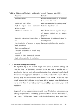  
	
  
SOUTH AFRICAN PUBLIC’S PERCEPTIONS AND UNDERSTANDING OF THE ROLE OF NUCLEAR TECHNOLOGY 101
Table 2: Differences of Deductive and Inductive Research (Saunders, et al., 2004)
Deduction Induction
Scientific principles Gaining an understanding of the meanings
humans attached to events
Moving from theory to data Close understanding of the research context
Need to explain causal relationships
between variables
Collection of qualitative data
Collection of quantitative data More flexible structure to permit changes
of research emphasis as the research
progresses
Application of controls to ensure validity of
data
Realization that the researcher is part of the
research process
Operationalization of concepts to ensure
clarity of definition
Less concern with the need to generalize
Highly structured approach
Researcher independence of what is being
researched
Necessity to select samples of sufficient
size in order to generalize the conclusions
4.3.3 Research strategy / methodology
An important step in the research design is the choice of research strategy for
collecting data. A preliminary literature review was done to identify specific
questions for study, to create a better understanding of the nature and complexity of
the decision-making process. While there was much available on the nuclear industry
globally, very little was available in the South African context. In working very
closely with the HSCR who are experts in the field of research, it was decided that a
survey in the form of face-to-face interviews guided by a questionnaire, were most
appropriate.
Large-scale surveys are a common approach to research in business and management,
offering an opportunity to collect large quantities of data or evidence (Saunders et al.,
2003: 56-57). Surveys allow evidence to be gathered concerning ‘who, what, where,
 