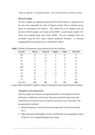  
	
  
SOUTH AFRICAN PUBLIC’S PERCEPTIONS AND UNDERSTANDING OF THE ROLE OF NUCLEAR TECHNOLOGY 104
Refer to Appendix A: The Questionnaire.	
  2011 SASAS module on nuclear energy]
Research sample:
The 2011 sample was updated and drawn by Prof. David Stoker, a statistician who
has also been responsible for many of Statistics South Africa’s national surveys
based on international best practice. The sample had to be updated since the
previous SASAS samples were based on the HSRC’s second master sample EA’s
which was compiled many years before (2003). The new sampling frame was
developed using the 2011 census midyear population estimates. A summary
disaggregated by race and province is illustrated in Table 3.
Table 3: Number of Enumerator Areas selected by Province and Race
Province African Coloured Indians White Total 2011
WC 15 32 3 21 71
EC 32 13 3 12 60
FC 9 14 0 6 29
FS 22 4 0 10 36
KZN 39 6 25 15 85
NW 24 3 2 9 38
GT 43 12 15 33 103
MP 25 2 2 9 38
LP 30 2 1 7 40
Total 2011 239 88 51 122 500
(Source: HSRC SASAS 2011, module on number of Enumerator Areas selected by Province & Race)
Navigation to the selected areas
Once the sample was selected, a navigational toolkit was developed to assist the
field teams in finding the correct areas. These kits assisted the Supervisors and
Fieldworkers to locate the exact EA where the interviews were to take place. The
navigational kits included:
a. Route descriptions, to assist the teams to navigate their way into the selected
EA’s;
b. Maps using aerial photographs as a base, identified the exact geographic location
of the EA’s to be sampled throughout the country;
 