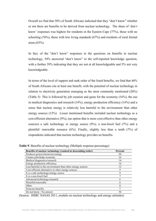  
	
  
SOUTH AFRICAN PUBLIC’S PERCEPTIONS AND UNDERSTANDING OF THE ROLE OF NUCLEAR TECHNOLOGY 126
Overall we find that 50% of South Africans indicated that they “don’t know” whether
or not there are benefits to be derived from nuclear technology. The share of ‘don’t
know’ responses was highest for residents in the Eastern Cape (77%), those with no
schooling (76%), those with low living standards (67%) and residents of rural formal
areas (63%).
In fact, of the “don’t know” responses to the questions on benefits to nuclear
technology, 54% answered “don’t know” to the self-reported knowledge question,
with a further 39% indicating that they are not at all knowledgeable and 5% not very
knowledgeable.
In terms of the level of support and rank order of the listed benefits, we find that 44%
of South Africans cite at least one benefit, with the potential of nuclear technology in
relation to electricity generation emerging as the most commonly mentioned (20%)
(Table 5) This is followed by job creation and gains for the economy (16%), the use
in medical diagnostics and research (14%), energy production efficiency (14%) and a
sense that nuclear energy is relatively less harmful to the environment than other
energy sources (12%). Lesser mentioned benefits included nuclear technology as a
cost-efficient alternative (9%), (an option that is more cost-effective than other energy
sources) a safe technology or energy source (9%), a non-fossil fuel (7%) and a
plentiful/ renewable resource (6%). Finally, slightly less than a tenth (7%) of
respondents indicated that nuclear technology provides no benefits.
Table 9: Benefits of nuclear technology (Multiple response percentage)
Benefits of nuclear technology (ranked in descending order) Percent
Produces power/electricity/energy 20
Creates jobs/helps economy 16
Medical diagnostics/research 14
Energy production efficiency 14
Less harmful to the environment than other energy sources 12
Cost-efficient alternative to other energy sources 9
It is a safe technology/energy source 9
It is a non-fossil fuel 7
Advanced technology/research 6
Plentiful/renewable 6
Other 0
None/no benefits 7
Do not know / No answer 50
(Source: HSRC SASAS 2011, module on nuclear technology and energy attitudes)
 