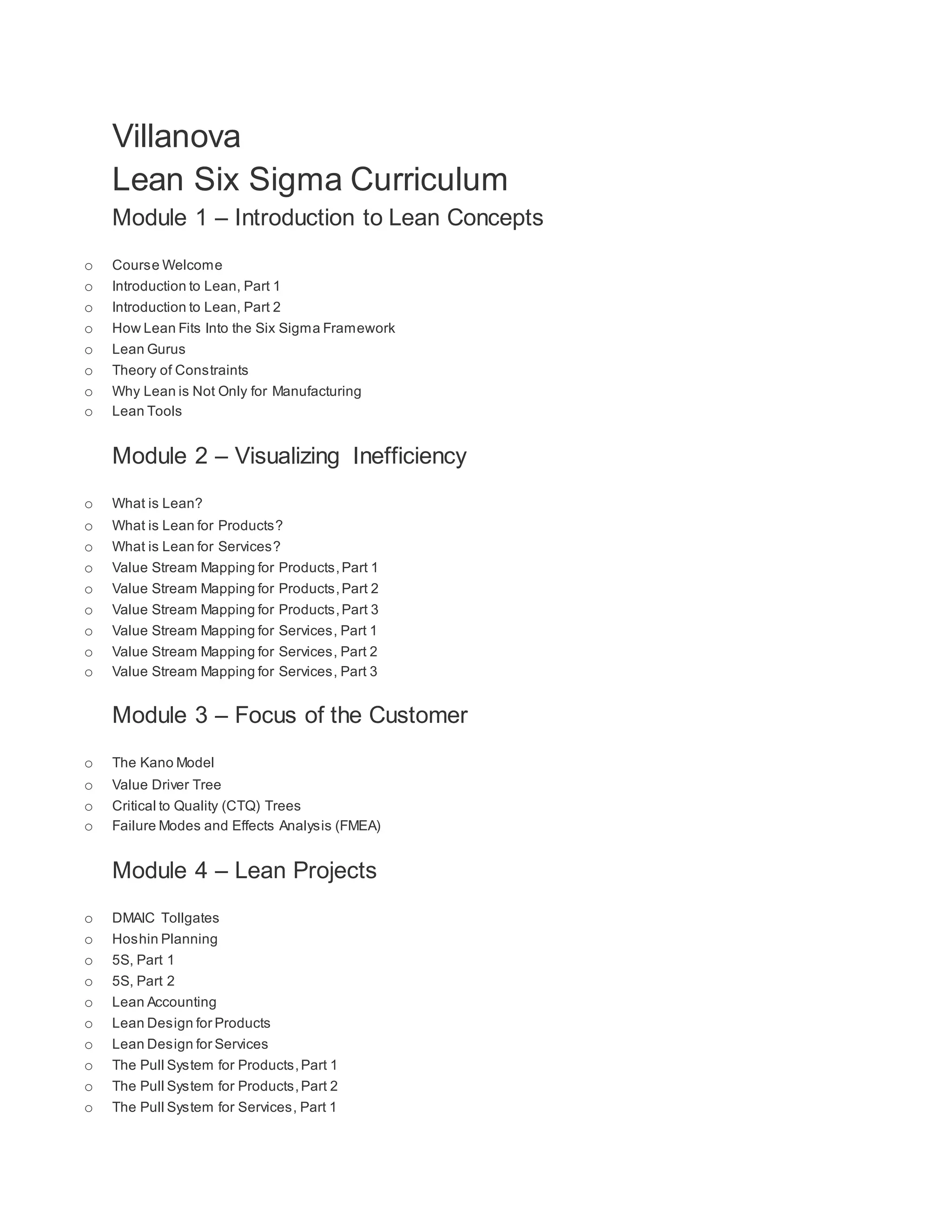 Villanova University Lean Six Sigma Villanova lean six sigma curriculm | PDF