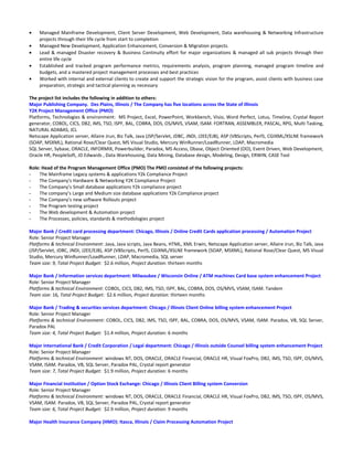• Managed Mainframe Development, Client Server Development, Web Development, Data warehousing & Networking Infrastructure
projects through their life cycle from start to completion
• Managed New Development, Application Enhancement, Conversion & Migration projects.
• Lead & managed Disaster recovery & Business Continuity effort for major organizations & managed all sub projects through their
entire life cycle
• Established and tracked program performance metrics, requirements analysis, program planning, managed program timeline and
budgets, and a mastered project management processes and best practices
• Worked with internal and external clients to create and support the strategic vision for the program, assist clients with business case
preparation, strategic and tactical planning as necessary
The project list includes the following in addition to others:
Major Publishing Company. Des Plains, Illinois / The Company has five locations across the State of Illinois
Y2K Project Management Office (PMO)
Platforms, Technologies & environment: MS Project, Excel, PowerPoint, Workbench, Visio, Word Perfect, Lotus, Timeline, Crystal Report
generator, COBOL, CICS, DB2, IMS, TSO, ISPF, BAL, COBRA, DOS, OS/MVS, VSAM, ISAM. FORTRAN, ASSEMBLER, PASCAL, RPG, Multi Tasking,
NATURAL ADABAS, JCL
Netscape Application server, Allaire Jrun, Biz Talk, Java (JSP/Servlet, JDBC, JNDI, J2EE/EJB), ASP (VBScripts, Perl5, CGIXML/XSLNE framework
(SOAP, MSXML), Rational Rose/Clear Quest, MS Visual Studio, Mercury WinRunner/LoadRunner, LDAP, Macromedia
SQL Server, Sybase, ORACLE, INFORMIX, Powerbuilder, Paradox, MS Access, Dbase, Object Oriented (OO), Event Driven, Web Development,
Oracle HR, PeopleSoft, JD Edwards , Data Warehousing, Data Mining, Database design, Modeling, Design, ERWIN, CASE Tool
Role: Head of the Program Management Office (PMO) The PMO consisted of the following projects:
- The Mainframe Legacy systems & applications Y2k Compliance Project
- The Company’s Hardware & Networking Y2K Compliance Project
- The Company’s Small database applications Y2k compliance project
- The company’s Large and Medium size database applications Y2k Compliance project
- The Company’s new software Rollouts project
- The Program testing project
- The Web development & Automation project
- The Processes, policies, standards & methodologies project
Major Bank / Credit card processing department: Chicago, Illinois / Online Credit Cards application processing / Automation Project
Role: Senior Project Manager
Platforms & technical Environment: Java, Java scripts, Java Beans, HTML, XML Erwin, Netscape Application server, Allaire Jrun, Biz Talk, Java
(JSP/Servlet, JDBC, JNDI, J2EE/EJB), ASP (VBScripts, Perl5, CGIXML/XSLNE framework (SOAP, MSXML), Rational Rose/Clear Quest, MS Visual
Studio, Mercury WinRunner/LoadRunner, LDAP, Macromedia, SQL server
Team size: 9, Total Project Budget: $2.6 million, Project duration: thirteen months
Major Bank / Information services department: Milwaukee / Wisconsin Online / ATM machines Card base system enhancement Project
Role: Senior Project Manager
Platforms & technical Environment: COBOL, CICS, DB2, IMS, TSO, ISPF, BAL, COBRA, DOS, OS/MVS, VSAM, ISAM. Tandem
Team size: 16, Total Project Budget: $2.6 million, Project duration: thirteen months
Major Bank / Trading & securities services department: Chicago / Illinois Client Online billing system enhancement Project
Role: Senior Project Manager
Platforms & technical Environment: COBOL, CICS, DB2, IMS, TSO, ISPF, BAL, COBRA, DOS, OS/MVS, VSAM, ISAM. Paradox, VB, SQL Server,
Paradox PAL
Team size: 4, Total Project Budget: $1.4 million, Project duration: 6 months
Major International Bank / Credit Corporation / Legal department: Chicago / Illinois outside Counsel billing system enhancement Project
Role: Senior Project Manager
Platforms & technical Environment: windows NT, DOS, ORACLE, ORACLE Financial, ORACLE HR, Visual FoxPro, DB2, IMS, TSO, ISPF, OS/MVS,
VSAM, ISAM. Paradox, VB, SQL Server, Paradox PAL, Crystal report generator
Team size: 7, Total Project Budget: $1.9 million, Project duration: 6 months
Major Financial Institution / Option Stock Exchange: Chicago / Illinois Client Billing system Conversion
Role: Senior Project Manager
Platforms & technical Environment: windows NT, DOS, ORACLE, ORACLE Financial, ORACLE HR, Visual FoxPro, DB2, IMS, TSO, ISPF, OS/MVS,
VSAM, ISAM. Paradox, VB, SQL Server, Paradox PAL, Crystal report generator
Team size: 6, Total Project Budget: $2.9 million, Project duration: 9 months
Major Health Insurance Company (HMO): Itasca, Illinois / Claim Processing Automation Project
 