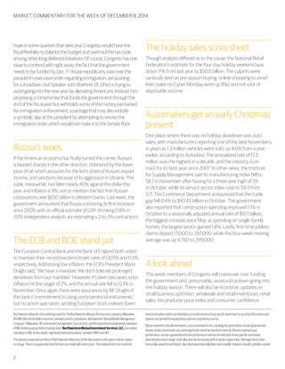 2
hopeinsomequartersthatnextyearCongresswouldhavethe
fiscalflexibilitytobalancethebudgetandoverhaulthetaxcode,
amongotherlong-deferredinitiatives.Ofcourse,Congresshasone
issuetocontendwithrightaway:thefactthatthegovernment
needstobefundedbyDec.11.Houserepublicans,irateoverthe
president’sexecutiveorderregardingimmigration,arepushing
forashutdown,butSpeakerJohnBoehner(R,Ohio)istryingto
avoidgoingintothenewyearbyalienatingAmericans.Instead,he’s
proposingacompromisethatfundsthegovernmentthroughthe
endofthefiscalyearbutwithholdssomeofthemoneyearmarked
forimmigrationenforcement,apackagethatmayalsoinclude
asymbolicslapatthepresidentbyattemptingtorevokethe
immigrationorder,whichwouldnotmakeittotheSenatefloor.
Russia’s woes
If the American economy has finally turned the corner, Russia’s
is headed sharply in the other direction, clobbered by the lower
price of oil, which accounts for the lion’s share of Russia’s export
income, and sanctions because of its aggression in Ukraine. The
ruble, meanwhile, has fallen nearly 40% against the dollar this
year, and inflation is 9%, not to mention the fact that Russian
corporations owe $650 billion to Western banks. Last week, the
government announced that Russia is entering its first recession
since 2009, with an official estimate of GDP shrinking 0.8% in
2015 (independent analysts are estimating a 2-to-3% contraction).
The ECB and BOE stand pat
The European Central Bank and the Bank of England both voted
to maintain their record low benchmark rates of 0.05% and 0.5%,
respectively. Addressing low inflation, the ECB’s President Mario
Draghi said, “We have a mandate. We don’t tolerate prolonged
deviations from our mandate.” However, it’s been two years since
inflation hit the target of 2%, and the annual rate fell to 0.3% in
November. Once again, there were assurances by Mr. Draghi of
the bank’s “commitment to using unconventional instruments,”
but no action was taken, sending European stock indexes down.
The holiday sales score sheet
Though analysts differed as to the cause, the National Retail
Federation’s estimate for the four-day holiday weekend was
down 11% from last year to $50.9 billion. The culprits were
variously seen as pre-season buying, online shopping to avoid
lines (sales on Cyber Monday were up 8%) and not a lot of
disposable income.
Automakers get an early Christmas
present
One place where there was no holiday slowdown was auto
sales, with manufacturers reporting one of the best Novembers
in years as 1.3 million vehicles were sold, up 4.6% from a year
earlier, according to Autodata. The annualized rate of 17.2
million was the highest in a decade, and the industry is on
track for its best year since 2007. In other news, the Institute
for Supply Management said its manufacturing index fell to
58.7 in November after having hit a three-year high of 59
in October, while its service sector index rose to 59.3 from
57.1. The Commerce Department announced that the trade
gap fell 0.4% to $43.43 billion in October. The government
also reported that construction spending improved 1.1% in
October to a seasonally adjusted annual rate of $971 billion,
the biggest increase since May, as spending on single-family
homes, the largest sector, gained 1.8%. Lastly, first-time jobless
claims dipped 17,000 to 297,000, while the four-week moving
average was up 4,750 to 299,000.
A look ahead
This week members of Congress will maneuver over funding
the government and, presumably, avoid a shutdown going into
the holiday season. There will also be economic updates on
small business optimism, wholesale and retail inventories, retail
sales, the producer price index and consumer confidence.
MARKET COMMENTARY FOR THE WEEK OF DECEMBER 8, 2014
NorthwesternMutualisthemarketingnameforTheNorthwesternMutualLifeInsuranceCompany,Milwaukee,
WI(NM)(lifeanddisabilityinsurance,annuities)anditssubsidiaries.NorthwesternMutualWealthManagement
Company®,Milwaukee,WI,(investmentmanagement,trustservices,andfee-basedfinancialplanning)subsidiary
ofNM,limitedpurposefederalsavingsbank.NorthwesternMutualInvestmentServices,LLC,(securities)
subsidiaryofNM,broker-dealer,registeredinvestmentadviser,memberFINRAandSIPC.
TheopinionsexpressedarethoseofNorthwesternMutualasofthedatestatedonthisreportandaresubject
tochange.Thereisnoguaranteethattheforecastsmadewillcometopass.Thismaterialdoesnotconstitute
investmentadviceandisnotintendedasanendorsementofanyspecificinvestmentorsecurity.Informationand
opinionsarederivedfromproprietaryandnon-proprietarysources.
Pleaserememberthatallinvestmentscarrysomelevelofrisk,includingthepotentiallossofprincipalinvested.
Indexesand/orbenchmarksareunmanagedandcannotbeinvestedindirectly.Returnsrepresentpast
performance,arenotaguaranteeoffutureperformanceandarenotindicativeofanyspecificinvestment.
Diversificationandstrategicassetallocationdonotassureprofitorprotectagainstloss.Althoughstockshave
historicallyoutperformedbonds,theyalsohavehistoricallybeenmorevolatile.Investorsshouldcarefullyconsider
 