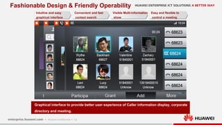 14
Fashionable Design & Friendly Operability
Graphical interface to provide better user experience of Caller information display, corporate
directory and meeting.
Intuitive and easy
graphical interface
Convenient and fast
contact search
Visible Multi-information
show
Easy and flexible to
control a meeting
 