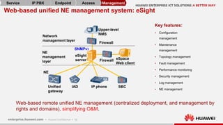 16
Web-based unified NE management system: eSight
eSight
server Firewall eSpace
Web client
Unified
gateway
IAD IP phone SBC
Network
management layer
NE
management
layer
NE
Upper-level
NMS
Firewall
SNMPv3
Key features:
• Configuration
management
• Maintenance
management
• Topology management
• Fault management
• Performance monitoring
• Security management
• Log management
• NE management
Web-based remote unified NE management (centralized deployment, and management by
rights and domains), simplifying O&M.
Service IP PBX Endpoint Access Management
 
