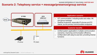 18
Scenario 2: Telephony service + message/presence/group service
Application scenario
 ICT communication, including audio and video, IM,
and group message
 Desktop endpoints, especially IP phones and PC
clients, as the primary communication endpoints
Customer benefits
 Unified system applicable to multiple communication
scenarios, improving communication efficiency
 Unified client with easy-to-use GUI, providing diverse
functions
IP PBX
PSTN
ECS
(eServer)
PC clientIP phone
 
