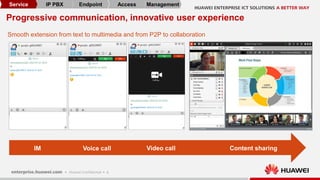 4
Progressive communication, innovative user experience
IM Voice call Video call Content sharing
Smooth extension from text to multimedia and from P2P to collaboration
Service IP PBX Endpoint Access Management
guojia(g00229007) 2014-03-14 10:55
guojia(g00229007) 2014-03-14 10:55
guojia(g00229007) 2014-03-14 10:55
 