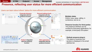 5
Users can learn about others' status for more efficient communication.
Presence, reflecting user status for more efficient communication
Outlook integrated
with the presence
function
Personal address book
integrated with the
presence function
Corporate directory
integrated with the
presence function
Web applications
integrated with the
presence function
Presence
DND
Busy
Offline
Online
Away
Multiple states
Online, busy, away, calling, in
conference, and so on
Presence function for third parties
The presence interface can be
invoked by third-party applications, for
example, a third-party OA system.
Outlook presence plug-in
The status of receivers and
senders is displayed in the email
address bar.
Service IP PBX Endpoint Access Management
 