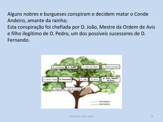 Alguns nobres e burgueses conspiram e decidem matar o Conde
Andeiro, amante da rainha;
Esta conspiração foi chefiada por D. João, Mestre da Ordem de Avis
e filho ilegítimo de D. Pedro, um dos possíveis sucessores de D.
Fernando.

História 8, 2013-2014

14

 