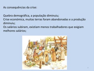 As consequências da crise:
Quebra demográfica, a população diminuiu;
Crise económica, muitas terras foram abandonadas e a produção
diminuiu;
Os salários subiram, existiam menos trabalhadores que exigiam
melhores salários;

História 8, 2013-2014

9

 