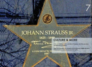 If you are planning to relax culturally in Timisoara, then there are many
variations and possibilities.
Apart from the Opera, the Hungarian and the German Theater, the Banat
Philharmonic is a cultural landmark of the region.
CULTURE & MORE
7
 