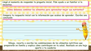 Llegó el momento de responder la pregunta inicial. Pide ayuda a un familiar si la
necesitas.
Compara tu respuesta inicial con la información que acabas de aprender. Escribe una
conclusión
________________________________________________________________________________________________________________________________________________________________________________________
________________________________________________________________________________________________________________________________________________________________________________________
________________________________________________________________________________________________________________________________________________________________________________________
________________________________________________________________________________________________________________________________________________________________________________________
____________________________________________________________________________________________
¿Cómo debemos combinar los alimentos para aprovechar mejor sus nutrientes?
Dibuja, recorta o escribe las combinaciones de los alimentos nutritivos que
prepararán en familia y explica cómo contribuyen en tu salud. Realízalo en una hoja
aparte o tu cuaderno
 