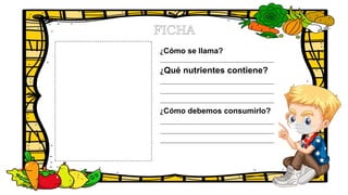 ¿Cómo se llama?
_____________________________________________________
¿Qué nutrientes contiene?
_____________________________________________________
_____________________________________________________
_____________________________________________________
¿Cómo debemos consumirlo?
_____________________________________________________
_____________________________________________________
_____________________________________________________
 