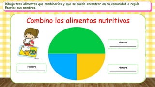 Dibuja tres alimentos que combinarías y que se pueda encontrar en tu comunidad o región.
Escribe sus nombres.
Combino los alimentos nutritivos
Nombre
__________________
Nombre
__________________
Nombre
__________________
 