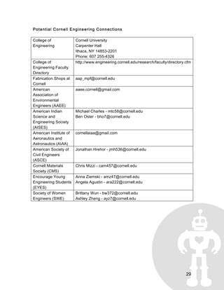 29
Potential Cornell Engineering Connections
College of
Engineering
Cornell University
Carpenter Hall
Ithaca, NY 14853-2201
Phone: 607 255-4326
College of
Engineering Faculty
Directory
http://www.engineering.cornell.edu/research/faculty/directory.cfm
Fabrication Shops at
Cornell
aap_mpf@cornell.edu
American
Association of
Environmental
Engineers (AAEE)
aaee.cornell@gmail.com
American Indian
Science and
Engineering Society
(AISES)
Michael Charles - mtc58@cornell.edu
Ben Oster - bho7@cornell.edu
American Institute of
Aeronautics and
Astronautics (AIAA)
cornellaiaa@gmail.com
American Society of
Civil Engineers
(ASCE)
Jonathan Hrehor - jmh536@cornell.edu
Cornell Materials
Society (CMS)
Chris Mizzi - cam457@cornell.edu
Encourage Young
Engineering Students
(EYES)
Anna Ziemski - amz47@cornell.edu
Angela Agustin - ara222@cornell.edu
Society of Women
Engineers (SWE)
Brittany Wun - bw372@cornell.edu
Ashley Zheng - ayz7@cornell.edu
 
