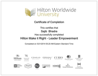 Certificate of Completion
This certifies that
Sajib Bhadra
Has successfully completed
Hilton Make it Right - Leader Empowerment
Completed on 5/21/2014 05:20 AM Eastern Standard Time
 