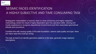 SEISMIC FACIES IDENTIFICATION
A HIGHLY SUBJECTIVE AND TIME CONSUMING TASK
Stratigraphic interpretation of seismic data is a time consuming and highly subjective
methodology where the result is highly dependent upon the operators skills, training and
mostly experience to recognize depositional environments and their associated geometrical
attitude and occurrence.
Combine this with varying quality of the data foundation, seismic data quality and type, there
are many ways this could go wrong.
The task at hand is to identify geometric patterns in the data, generate image captions/
descriptions
 