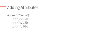 Adding Attributes
append("circle")
.attr(‘cx’, 50)
.attr(‘cy’, 50)
.attr(‘r’, 40);
 