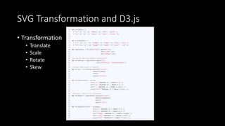SVG Transformation and D3.js
• Transformation
• Translate
• Scale
• Rotate
• Skew
 