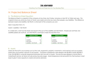 Solventurer
Creating Your Financial Projections for Your Business Plan
IV. Projected Balance Sheet
A. The Balance Sheet Equation
The Balance Sheet is a snapshot of the company at any time—be it today, tomorrow or Mar 23rd at 10AM next year. This
snapshot shows you what you have on hand—your assets and what you owe other people—your liabilities. The difference
between Assets and Liabilities, Net Worth, is what part of the company you own.
Seen in equation form, it is
Assets = Liabilities + Net Worth
In a table form, note how the Assets are equal to the sum of the Liabilities and Net Worth. If Assets are worth $3, and
Liabilities (Debt) are worth $1, your Net Worth is worth $2 to make the equation true:
Balance Sheet
Assets $3
Liabilities $1
Net Worth ?
Liabilities + Net Worth $3
Balance Sheet
Assets $3
Liabilities $1
Net Worth $2
Liabilities + Net Worth $3
B. Assets
Assets are the stuff in your business such as the cash, equipment, property, investments, and inventory and your business.
Assets give your business capacity to do business. Compare a Solopreneur web designer with $5,000 of Assets ($3,000 in
Cash and $2,000 in computer equipment/software) with one with no Assets. The second web designer is handcuffed in
marketing his service, let alone actually producing web pages. Good Solopreneurs reinvest profits into their business’s Asset
base to give it more capacity to create and service demand.
 