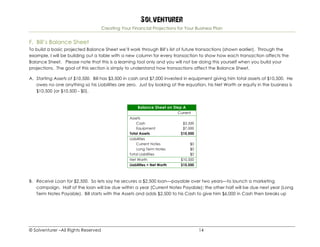 Solventurer
Creating Your Financial Projections for Your Business Plan
© Solventurer –All Rights Reserved 14
F. Bill’s Balance Sheet
To build a basic projected Balance Sheet we’ll work through Bill’s list of future transactions (shown earlier). Through the
example, I will be building out a table with a new column for every transaction to show how each transaction affects the
Balance Sheet. Please note that this is a learning tool only and you will not be doing this yourself when you build your
projections. The goal of this section is simply to understand how transactions affect the Balance Sheet.
A. Starting Assets of $10,500. Bill has $3,500 in cash and $7,000 invested in equipment giving him total assets of $10,500. He
owes no one anything so his Liabilities are zero. Just by looking at the equation, his Net Worth or equity in the business is
$10,500 (or $10,500 - $0).
Balance Sheet on Step A
Current
Assets
Cash $3,500
Equipment $7,000
Total Assets $10,500
Liabilities
Current Notes $0
Long Term Notes $0
Total Liabilities $0
Net Worth $10,500
Liabilities + Net Worth $10,500
B. Receive Loan for $2,500. So lets say he secures a $2,500 loan—payable over two years—to launch a marketing
campaign. Half of the loan will be due within a year (Current Notes Payable); the other half will be due next year (Long
Term Notes Payable). Bill starts with the Assets and adds $2,500 to his Cash to give him $6,000 in Cash then breaks up
 
