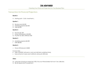 Solventurer
Creating Your Financial Projections for Your Business Plan
Transactions for Financial Projections
Month 0:
A. Starting point. Cash, investments…
Quarter 1:
B. Receive loan $2,500
C. Marketing expense $2,500
D. Sales $4,000
Quarter 2:
E. Pay loan $1,250
F. Owner Withdrawal of $3,000
G. Pay Rent $1,000; Utilities $1,000
Quarter 3:
H. Marketing expense $2,000
I. Sales $8,000
Quarter 4:
J. Owner Withdrawal of $500
To show later…
K. Sales of $4,000, half paid in cash and half later (undefined time)
L. Subcontractor X does work for Bill who will pay $1,000 later
Other:
M. A line item showing an expected 10% of Account Receivables that won’t be collected.
N. Bill will depreciate his equipment
 