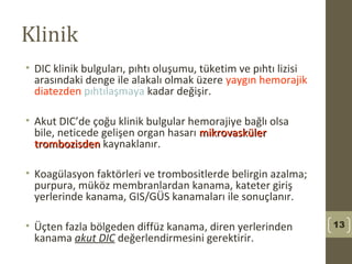 Klinik
• DIC klinik bulguları, pıhtı oluşumu, tüketim ve pıhtı lizisi
arasındaki denge ile alakalı olmak üzere yaygın hemorajik
diatezden pıhtılaşmaya kadar değişir.
• Akut DIC’de çoğu klinik bulgular hemorajiye bağlı olsa
bile, neticede gelişen organ hasarı mikrovaskülermikrovasküler
trombozisdentrombozisden kaynaklanır.
• Koagülasyon faktörleri ve trombositlerde belirgin azalma;
purpura, müköz membranlardan kanama, kateter giriş
yerlerinde kanama, GIS/GÜS kanamaları ile sonuçlanır.
• Üçten fazla bölgeden diffüz kanama, diren yerlerinden
kanama akut DIC değerlendirmesini gerektirir.
13
 