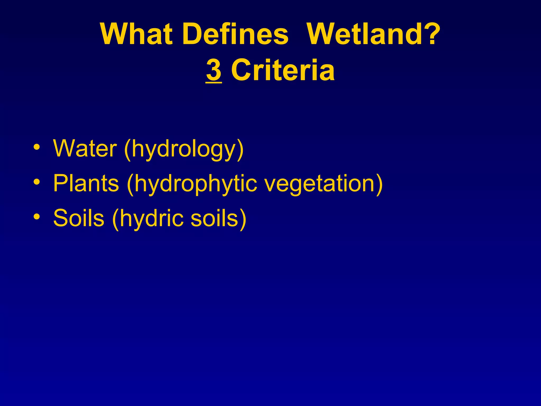 What Defines Wetland?
3 Criteria
• Water (hydrology)
• Plants (hydrophytic vegetation)
• Soils (hydric soils)
 