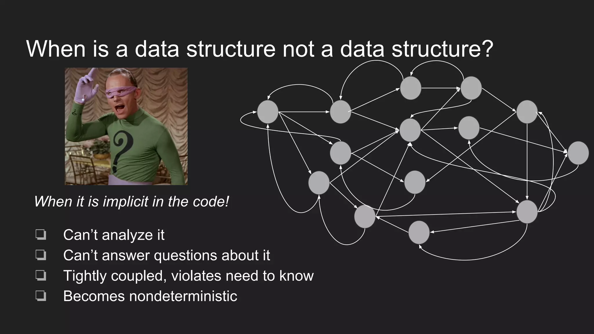 When is a data structure not a data structure?
When it is implicit in the code!
❏ Can’t analyze it
❏ Can’t answer questions about it
❏ Tightly coupled, violates need to know
❏ Becomes nondeterministic
 
