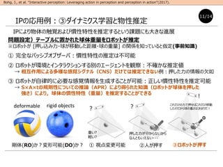 Bohg, J., et al. Interactive perception: Leveraging action in perception and perception in action(2017).
IPΏۥʥߥѧƶ
IPˤδҙӑTԤƶȤn}ˤ󤭤Mչ
 ҕ ˤѺ ۥܥåȤѺ
}OƩ`֥ä줿ܥåȤƶ
ܥåȤ [Ѻz?ƄӤx?] vS֪äƤȁ(ǰ֪R)
 ȫʥѥå֥֥`УTԤƶϲ
 ܥåȤhȥ󥿥饯󤹤eΥ`ȤQ죺_ƶ
 ໥äˤʸҙʥ루CNSǤƶǤʤѺǷ
 ܥåȤɵĤ˱Ҫʸҙɤ뤳ȤܣTԤƶ
 SAtҎtԤˤĤƤՓAPRˤä줿֪RܥåȤѺ
ˤ꣬ΑTԣƶ뤳ȤǤ
(RO)ο(DO)
rigid objects
deformable
11/14

ؤ?
X?

Ѻ֤ʤ
ʤȤ⤤ʤ???
!
ѺФƄ
ΤؤϛQޤ
 
