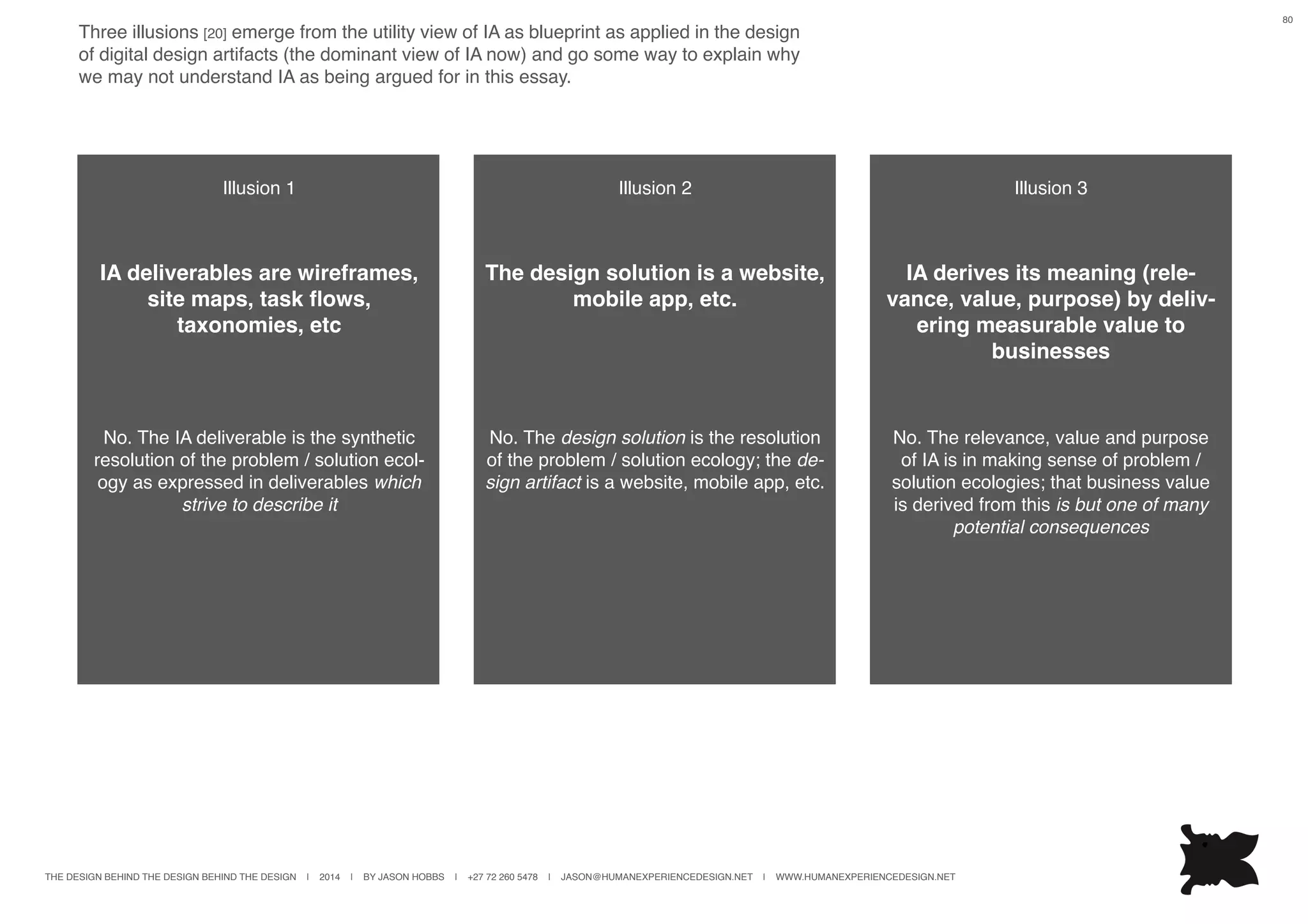 THE DESIGN BEHIND THE DESIGN BEHIND THE DESIGN | 2014 | BY JASON HOBBS | +27 72 260 5478 | JASON@HUMANEXPERIENCEDESIGN.NET | WWW.HUMANEXPERIENCEDESIGN.NET
80
Three illusions [20] emerge from the utility view of IA as blueprint as applied in the design
of digital design artifacts (the dominant view of IA now) and go some way to explain why
we may not understand IA as being argued for in this essay.
Illusion 1
IA deliverables are wireframes,
site maps, task flows,
taxonomies, etc
No. The IA deliverable is the synthetic
resolution of the problem / solution ecol-
ogy as expressed in deliverables which
strive to describe it
Illusion 2
The design solution is a website,
mobile app, etc.
No. The design solution is the resolution
of the problem / solution ecology; the de-
sign artifact is a website, mobile app, etc.
Illusion 3
IA derives its meaning (rele-
vance, value, purpose) by deliv-
ering measurable value to
businesses
No. The relevance, value and purpose
of IA is in making sense of problem /
solution ecologies; that business value
is derived from this is but one of many
potential consequences
 