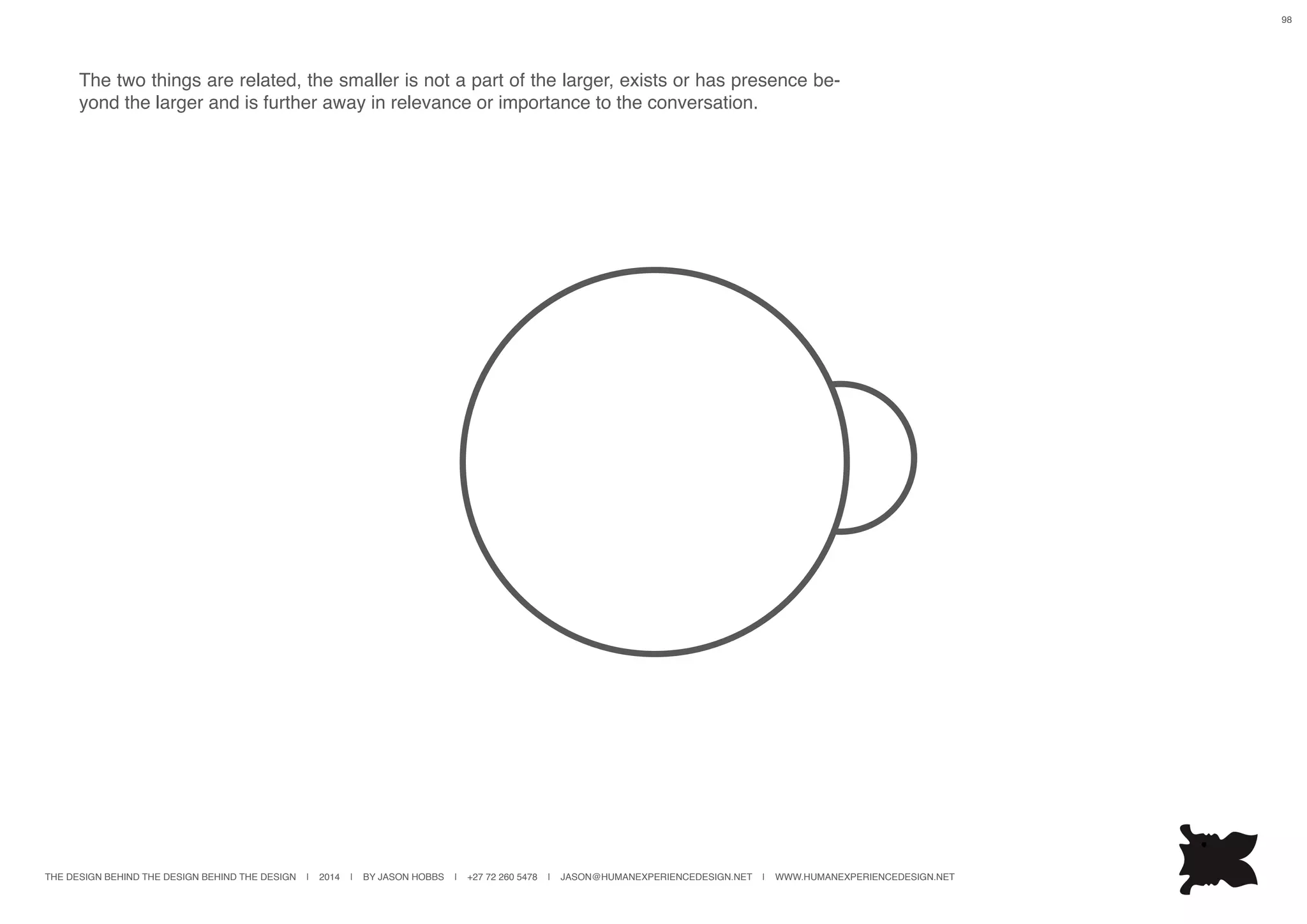 THE DESIGN BEHIND THE DESIGN BEHIND THE DESIGN | 2014 | BY JASON HOBBS | +27 72 260 5478 | JASON@HUMANEXPERIENCEDESIGN.NET | WWW.HUMANEXPERIENCEDESIGN.NET
98
The two things are related, the smaller is not a part of the larger, exists or has presence be-
yond the larger and is further away in relevance or importance to the conversation.
 