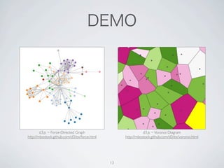 d3.js ~ Force-Directed Graph                          d3.js ~ Voronoi Diagram
http://mbostock.github.com/d3/ex/force.html        http://mbostock.github.com/d3/ex/voronoi.html




                                              13
 