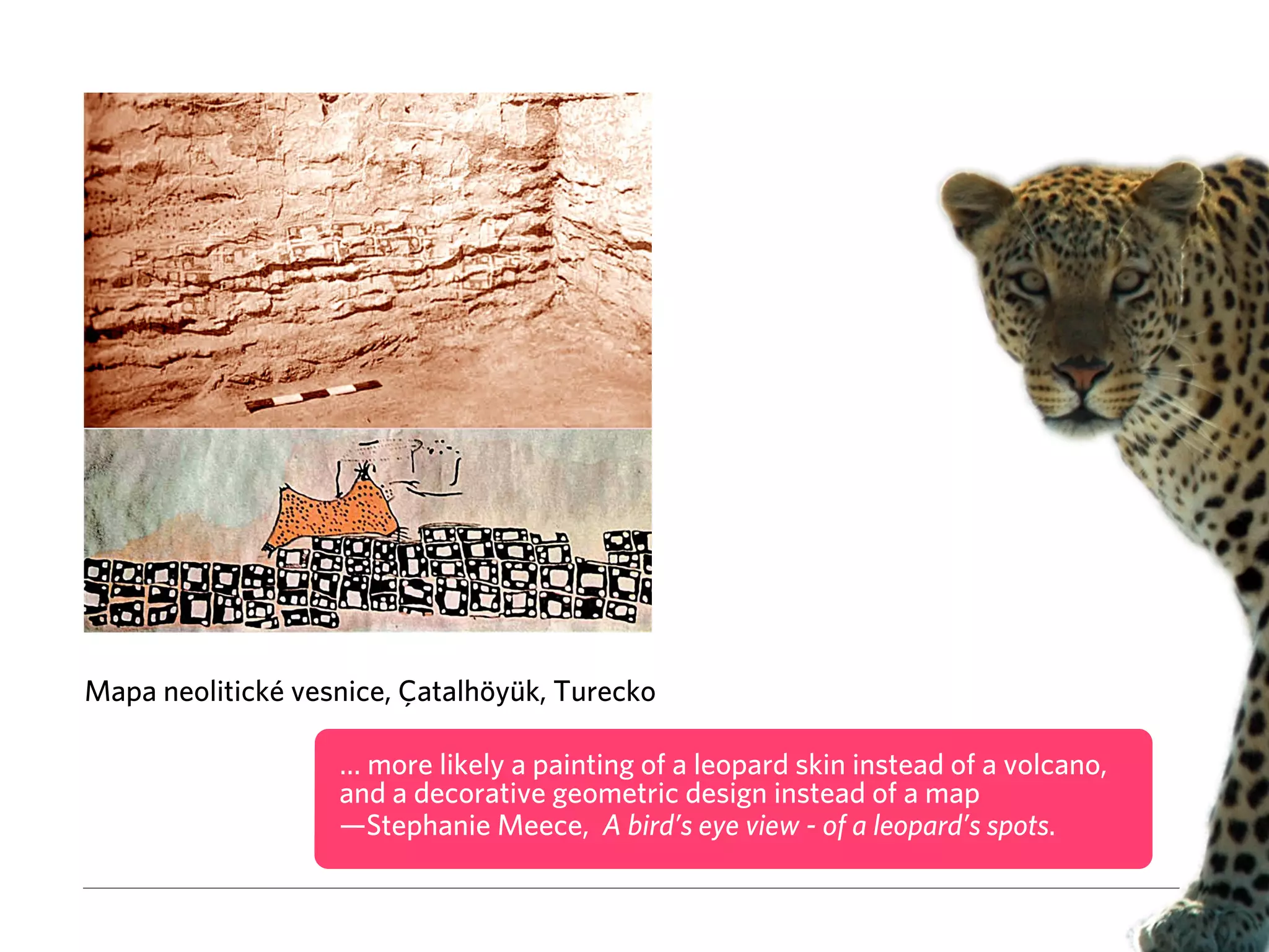 D3.js 
Mapa neolitické vesnice, Çatalhöyük, Turecko 
… more likely a painting of a leopard skin instead of a volcano, 
and a decorative geometric design instead of a map 
—Stephanie Meece, A bird’s eye view - of a leopard’s spots. 
 
