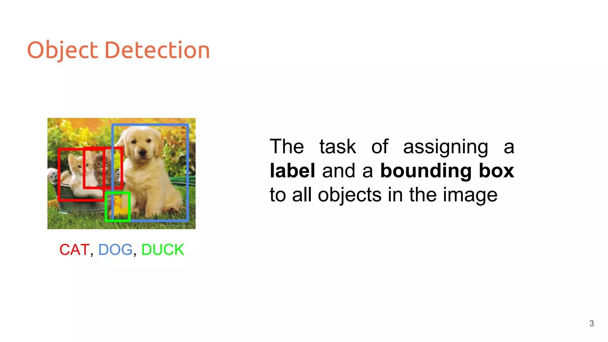 Object Detection
CAT, DOG, DUCK
The task of assigning a
label and a bounding box
to all objects in the image
3
 