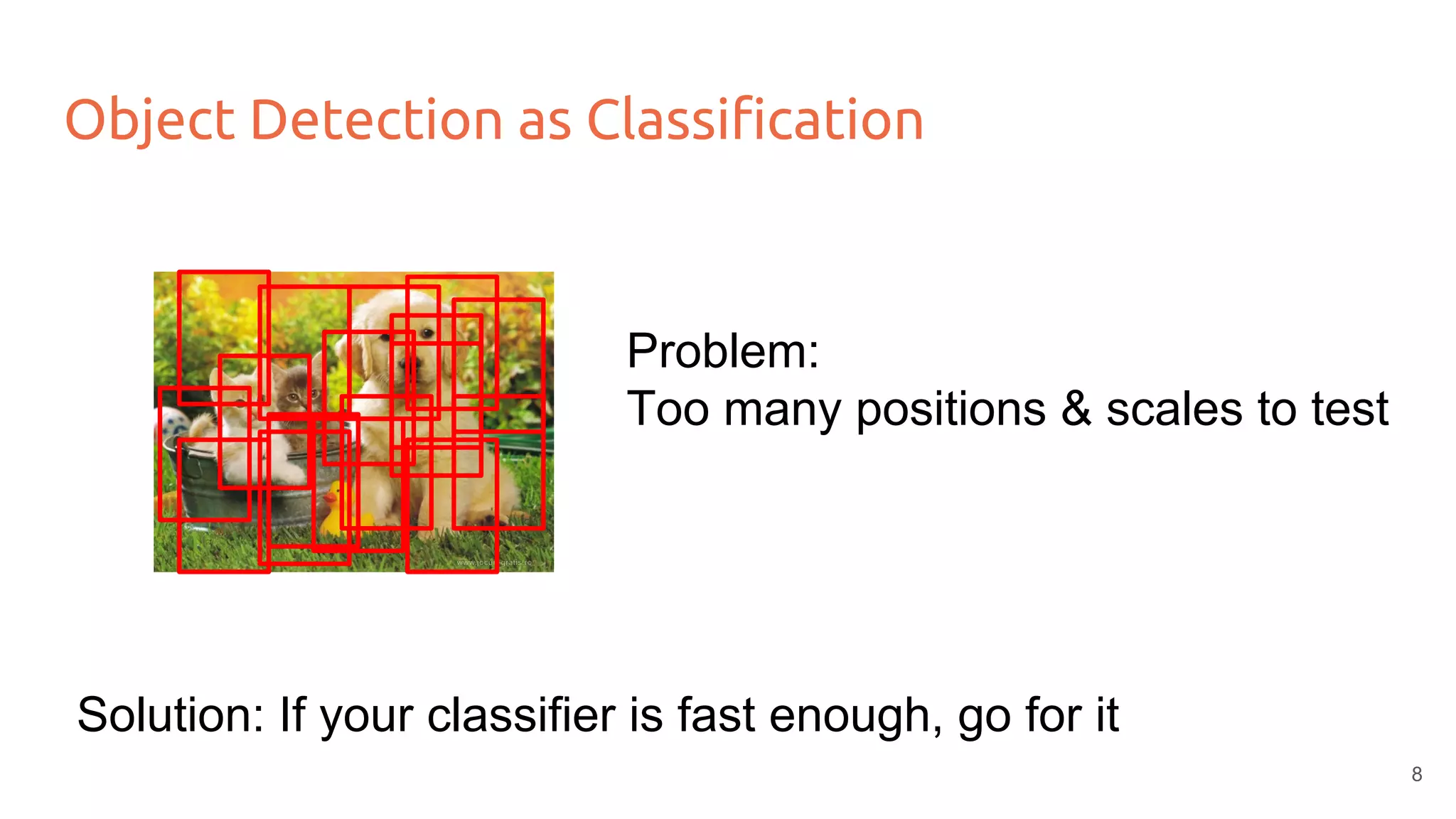 Object Detection as Classification
Problem:
Too many positions & scales to test
Solution: If your classifier is fast enough, go for it
8
 
