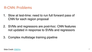 R-CNN: Problems
1. Slow at test-time: need to run full forward pass of
CNN for each region proposal
2. SVMs and regressors are post-hoc: CNN features
not updated in response to SVMs and regressors
3. Complex multistage training pipeline
Slide Credit: CS231n 17
 