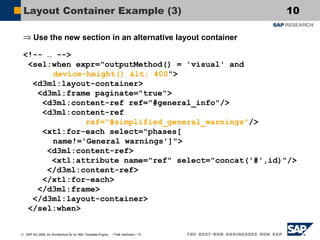 Layout Container Example (3)

10

⇒ Use the new section in an alternative layout container
<!-- … -->
<sel:when expr="outputMethod() = 'visual' and
device-height() < 400">
<d3ml:layout-container>
<d3ml:frame paginate="true">
<d3ml:content-ref ref="#general_info"/>
<d3ml:content-ref
ref="#simplified_general_warnings"/>
<xtl:for-each select="phases[
name!='General warnings']">
<d3ml:content-ref>
<xtl:attribute name="ref" select="concat('#',id)"/>
</d3ml:content-ref>
</xtl:for-each>
</d3ml:frame>
</d3ml:layout-container>
</sel:when>
© SAP AG 2006, An Architecture for an XML-Template Engine… / Falk Hartmann / 10

 