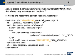 Layout Container Example (1)

8

How to create a general warnings sections specifically for the PDA
that shows only warnings and cautions?
⇒ Clone and modify the section "general_warnings"
<section id="simplified_general_warnings">
<!-- GENERAL WARNINGS AREA -->
<xtl:for-each select="phases[
name='General warnings']">
<a>
<xtl:attribute name="id"
select="translate(name,' ','_')"/>
</a>
<xtl:call-macro name="SIMPLIFIED_INFO_ASSET"/>
</xtl:for-each>
<!-- END GENERAL WARNINGS AREA -->
</section>

© SAP AG 2006, An Architecture for an XML-Template Engine… / Falk Hartmann / 8

 