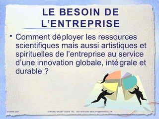LE BESOIN DE L’ENTREPRISE Comment déployer les ressources scientifiques mais aussi artistiques et spirituelles de l’entreprise au service d’une innovation globale, intégrale et  durable ? 20 MARS 2007 © MICHEL SALOFF COSTE  TEL : +33 6 6191 9701 MSALOFF@WANADOO.FR  