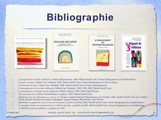 Bibliographie Le dirigeant du troisième millénaire , Edition d'Organisation, 2006, Michel Saloff Coste, Carine Dartiguepeyrou et Wilfrid Raffard. Trouver son génie , Edition Guy Trédaniel, 2005, Michel Saloff Coste, Carine Dartiguepeyrou et Guy Laurence . Les horizons du futur , Edition Guy Trédaniel, 2000, Michel Saloff Coste et Carine Dartiguepeyrou. Le management du troisième millénaire , Edition Guy Trédaniel, 1990, 1999, 2005, Michel Saloff Coste. Le management systémique de la complexité , Edition Aditech, 1989, Michel Saloff Coste Year in perspective , Edition World Business Academy, 2002, Michel Saloff Coste Manifeste pour la technologie au service de l'homme , Institut National Polytechnique de Grenoble, 2000, Michel Saloff Coste avec Hubert Curien, Ricardo Petrella,Jean Jacques Gagnepain, Jacques Ferdane, Marcel Jufer, Jean Therme. Mimétisme et singularité, deux leviers de croissance , La Revue de Kéa, 2006, Michel Saloff Coste, Carine Dartiguepeyrou et Kea&Partners . La stratégie créative de singularisation , La Revue de Kéa,  a paraître en 2007, Michel Saloff Coste, Carine Dartiguepeyrou et Kea&Partners  Le DRH du troisième millénaire,  a paraître fin 2007 . 20 MARS 2007 © MICHEL SALOFF COSTE  TEL : +33 6 6191 9701 MSALOFF@WANADOO.FR  