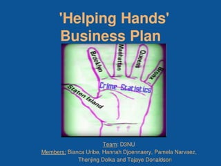 'Helping Hands'
      Business Plan




                       Team: D3NU
Members: Bianca Uribe, Hannah Djoennaery, Pamela Narvaez,
             Thenjing Dolka and Tajaye Donaldson
 