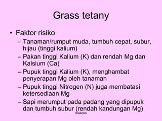 Grass tetany
• Faktor risiko
– Tanaman/rumput muda, tumbuh cepat, subur,
hijau (tinggi kalium)
– Pakan tinggi Kalium (K) dan rendah Mg dan
Kalsium (Ca)
– Pupuk tinggi Kalium (K), menghambat
penyerapan Mg oleh tanaman
– Pupuk tinggi Nitrogen (N) juga membatasi
ketersediaan Mg
– Sapi merumput pada padang yang dipupuk
dan tumbuh subur (rendah kandungan Mg)
triakoso
 