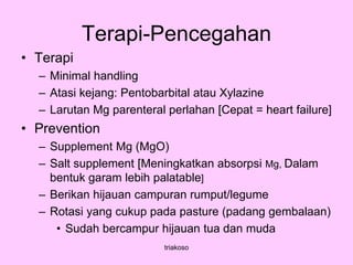 Terapi-Pencegahan
• Terapi
– Minimal handling
– Atasi kejang: Pentobarbital atau Xylazine
– Larutan Mg parenteral perlahan [Cepat = heart failure]
• Prevention
– Supplement Mg (MgO)
– Salt supplement [Meningkatkan absorpsi Mg, Dalam
bentuk garam lebih palatable]
– Berikan hijauan campuran rumput/legume
– Rotasi yang cukup pada pasture (padang gembalaan)
• Sudah bercampur hijauan tua dan muda
triakoso
 