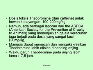 • Dosis toksis Theobromine (dan caffeine) untuk
hewan kesayangan: 100-200mg/kg.
• Namun, ada berbagai laporan dari the ASPCA
(American Society for the Prevention of Cruelty
to Animals) yang menunjukkan gejala keracunan
juga terjadi pada dosis yang sangat kecil
(20mg/kg).
• Manusia dapat memecah dan mengekskresikan
Theobromine lebih efisien dibanding anjing.
• Waktu paruh Theobromine pada anjing lebih
lama :17,5 jam.
triakoso
 