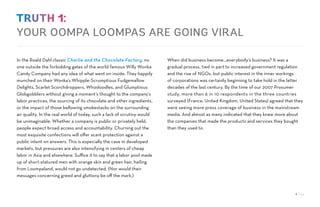 In the Roald Dahl classic Charlie and the Chocolate Factory, no
one outside the forbidding gates of the world-famous Willy Wonka
Candy Company had any idea of what went on inside. They happily
munched on their Wonka’s Whipple-Scrumptious Fudgemallow
Delights, Scarlet Scorchdroppers, Whizdoodles, and Glumptious
Globgobblers without giving a moment’s thought to the company’s
labor practices, the sourcing of its chocolate and other ingredients,
or the impact of those bellowing smokestacks on the surrounding
air quality. In the real world of today, such a lack of scrutiny would
be unimaginable. Whether a company is public or privately held,
people expect broad access and accountability. Churning out the
most exquisite confections will offer scant protection against a
public intent on answers. This is especially the case in developed
markets, but pressures are also intensifying in centers of cheap
labor in Asia and elsewhere. Suffice it to say that a labor pool made
up of short-statured men with orange skin and green hair, hailing
from Loompaland, would not go undetected. (Nor would their
messages concerning greed and gluttony be off the mark.)
When did business become…everybody’s business? It was a
gradual process, tied in part to increased government regulation
and the rise of NGOs, but public interest in the inner workings
of corporations was certainly beginning to take hold in the latter
decades of the last century. By the time of our 2007 Prosumer
study, more than 6 in 10 respondents in the three countries
surveyed (France, United Kingdom, United States) agreed that they
were seeing more press coverage of business in the mainstream
media. And almost as many indicated that they knew more about
the companies that made the products and services they bought
than they used to.
YOUR OOMPA LOOMPAS ARE GOING VIRAL
6 / 54
 