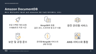 AWS DATA ROADSHOW 2023
© 2023, Amazon Web Services, Inc. or its affiliates. All rights reserved.
Amazon DocumentDB
빠 르 고 확 장 가 능 하 며 가 용 성 이 높 은 M O N G O D B 호 환 가 능 한 데 이 터 베 이 스 서 비 스
20
보안 및 규정 준수 관리형 MongoDB 서비스의
2배 처리량
AWS 서비스와 통합
초당 수백만 개의 요청
1/1000초의 지연 시간
MongoDB와 호환
같은 코드, 드라이버 및 도구 사용
완전 관리형 서비스
 